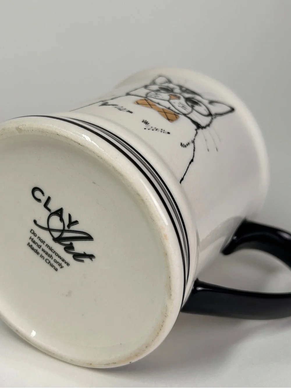 Clay Art Distinguished Black Cat Mug Coffee Cup Eye Glasses Gold Bow Tie #230